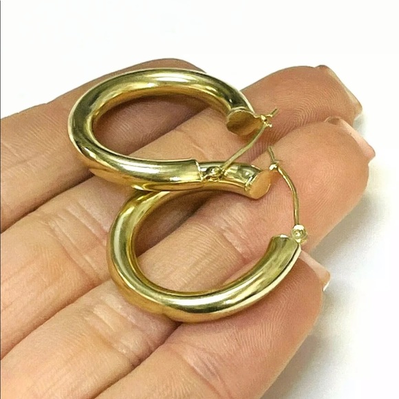 Shiny! Solid 10k Yellow Gold 1” 4mm Thick Tube Hoop Earrings - Picture 2 of 2